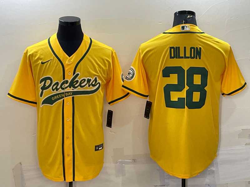 Men%27s Green Bay Packers #28 AJ Dillon Yellow With Patch Cool Base Stitched Baseball Jersey->green bay packers->NFL Jersey